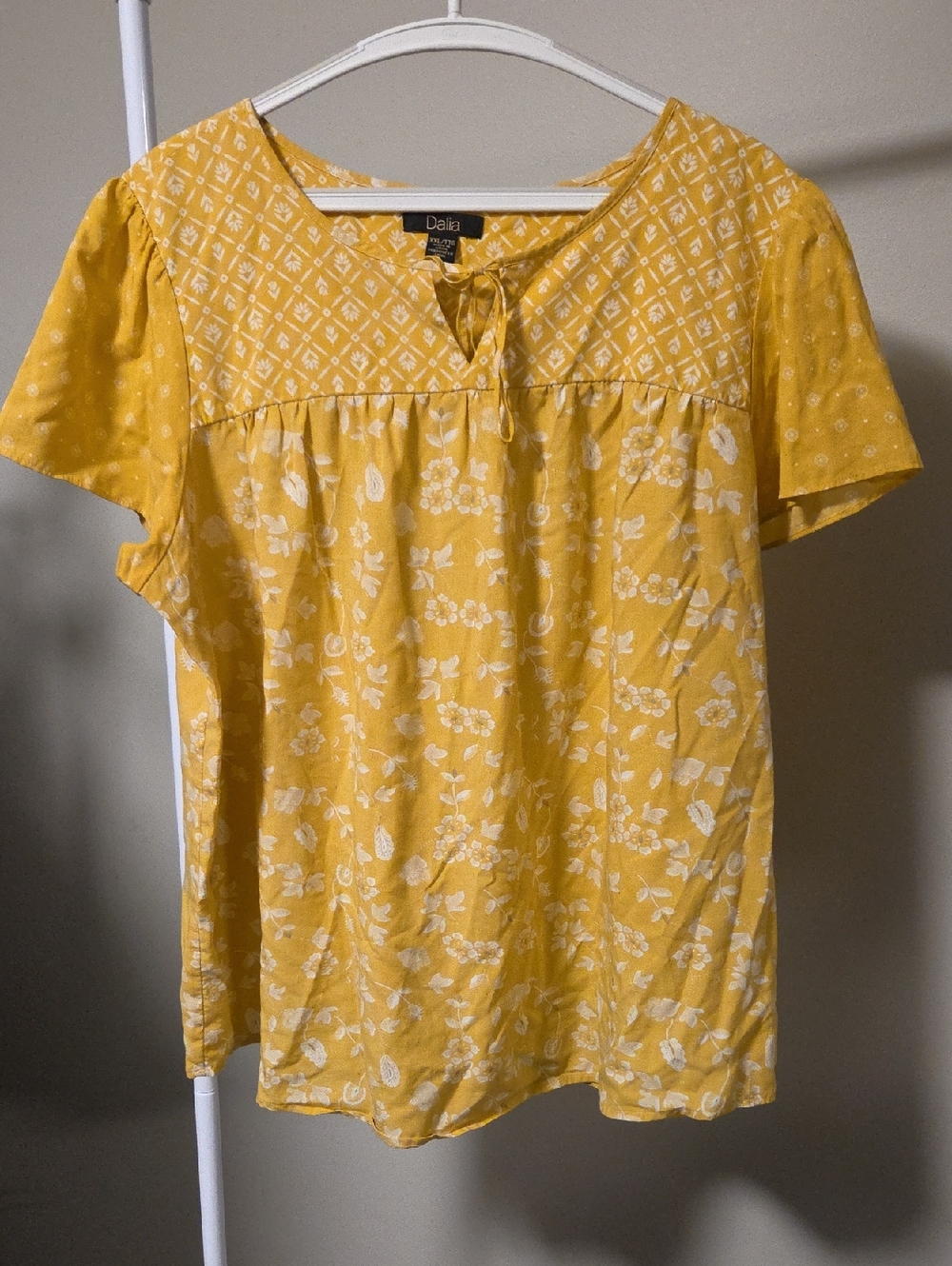 Dalia Yellow Floral Tie-Neck Short Sleeve Blouse